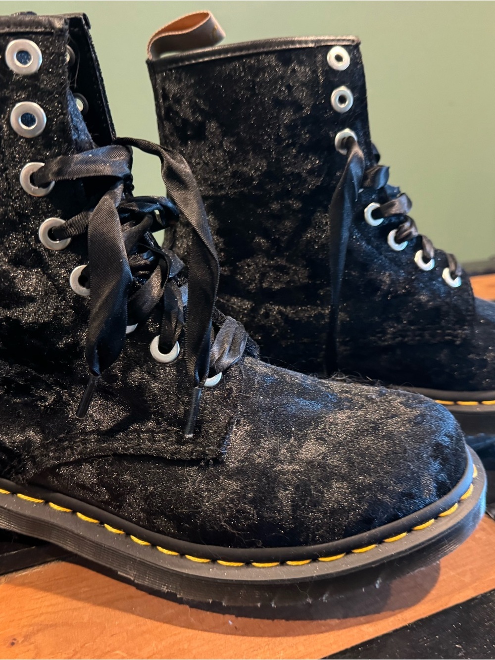 Never worn. Crushed velvet Doc’s super cute ribbon lace up. Retired …Rare